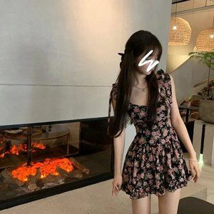 Black Rose Floral Dress with Ribbon Ties